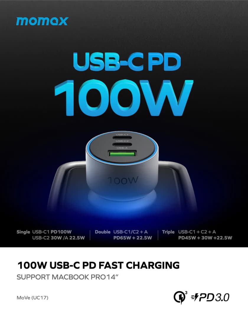 Momax UC17 MoVe 100W Triple Fast Charge Car Charger 3