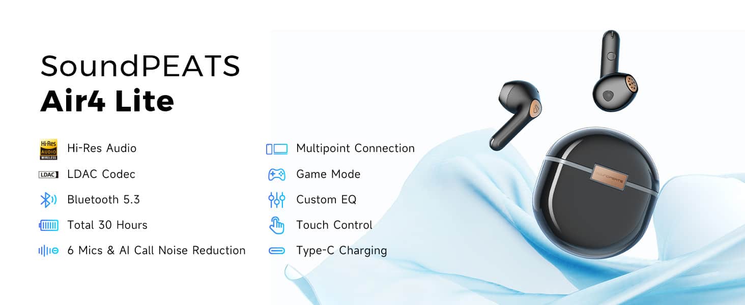 SoundPEATS Air4 Lite Bluetooth 5.3 Wireless Earphone Hi-Res Audio AI call  Noise Reduction Eearbuds Support Multipoint Connection