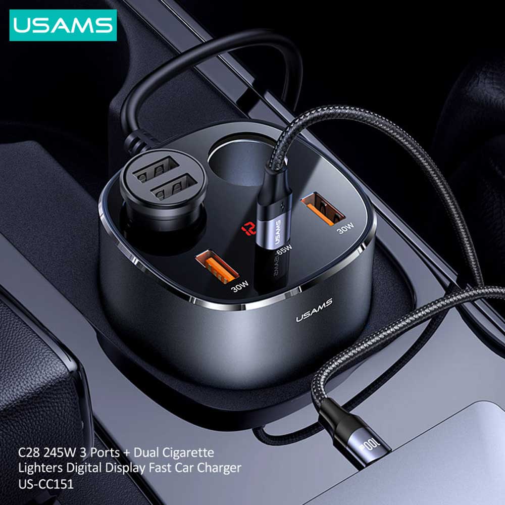 USAMS US CC151 C28 245W 3 Ports Dual Cigarette Lighters Digital Display Fast Car Charger 5
