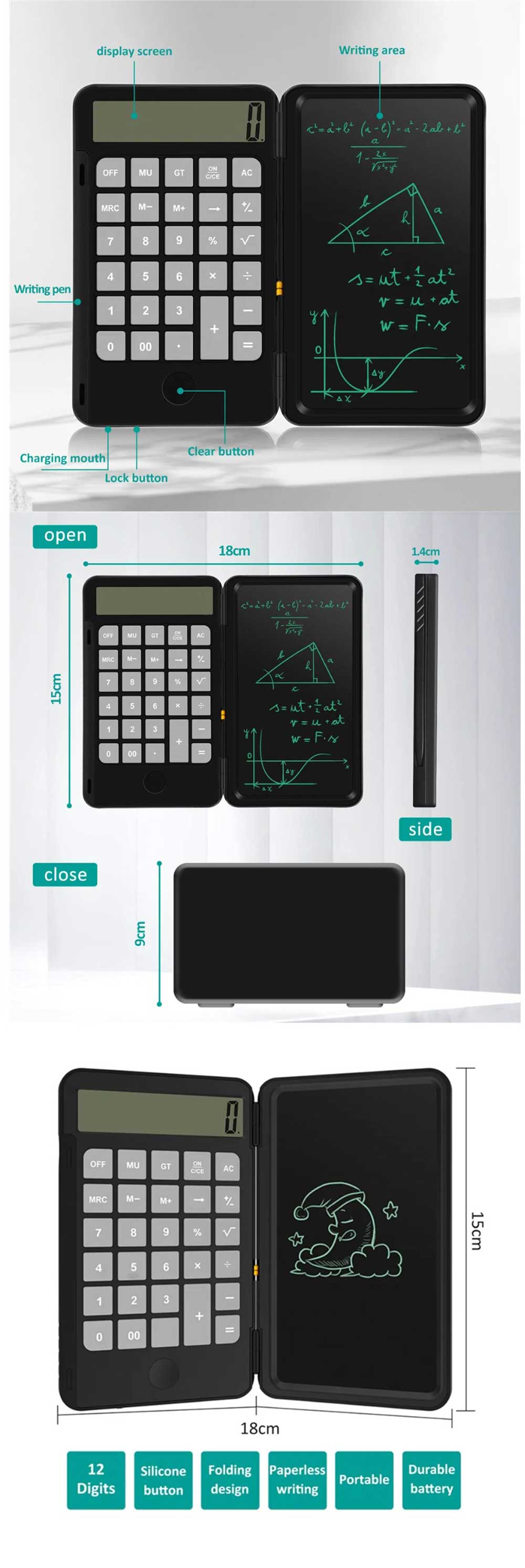 Rechargeable Calculator with 6.5 Inch LCD Notepad Pen 4