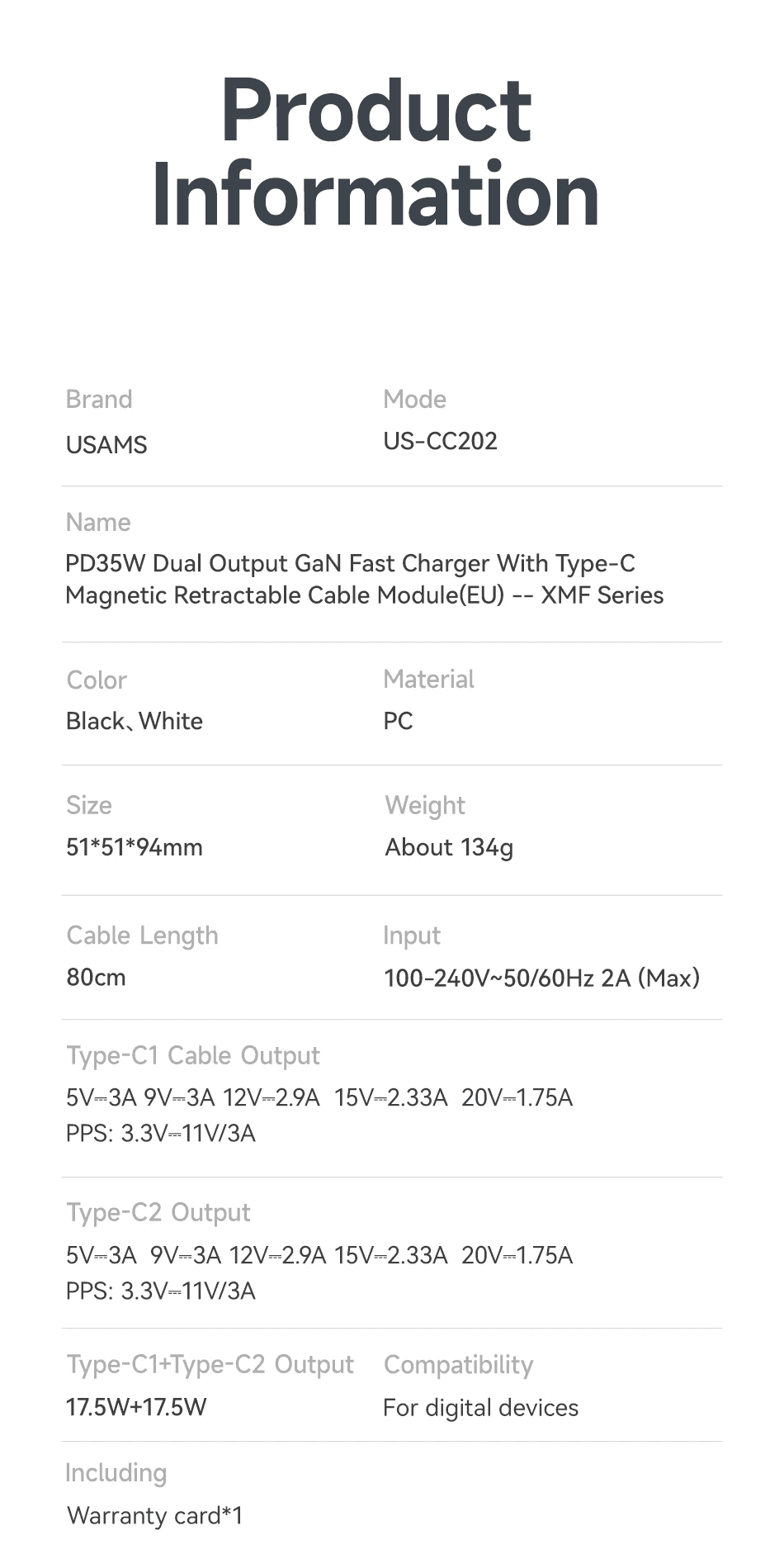 USAMS US CC202 MF Series 35W PD Dual Type C Port GaN Fast Charger 2 2