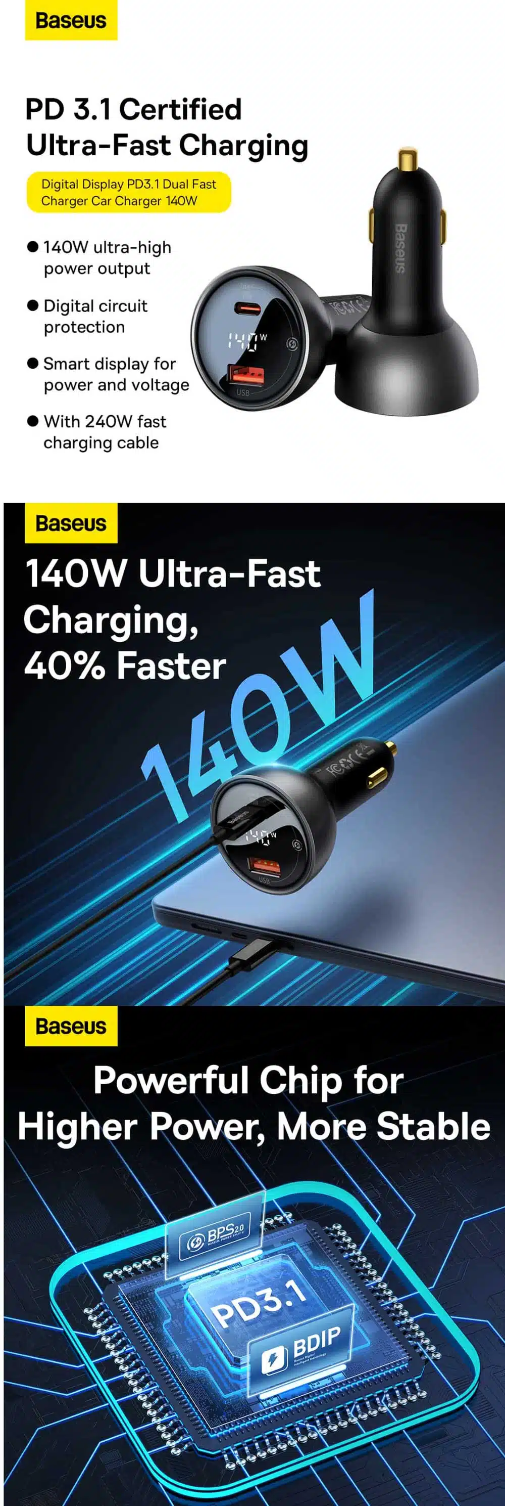 Baseus 140w Digital Display PD 3.1 Dual Fast Charger Car Charger USB A + USB C Set