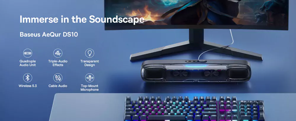 Baseus AeQur DS10 Mini Soundbar Desktop Bluetooth Speaker with RGB Light (Without Battery)