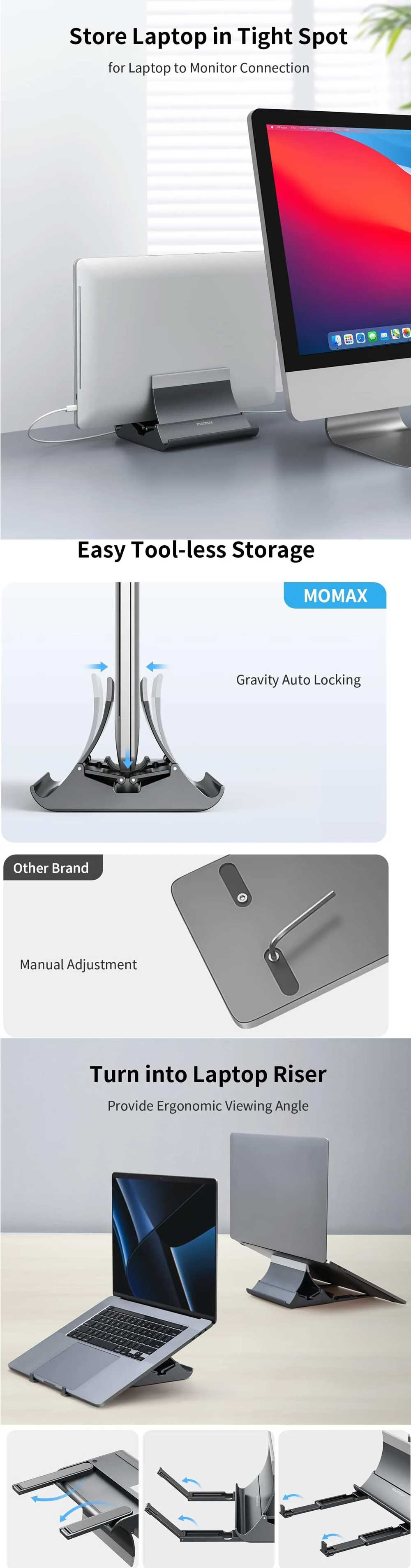 MOMAX KH17 Arch 3 Laptop Vertical Stand Gravity Auto Shrink Laptop Holder