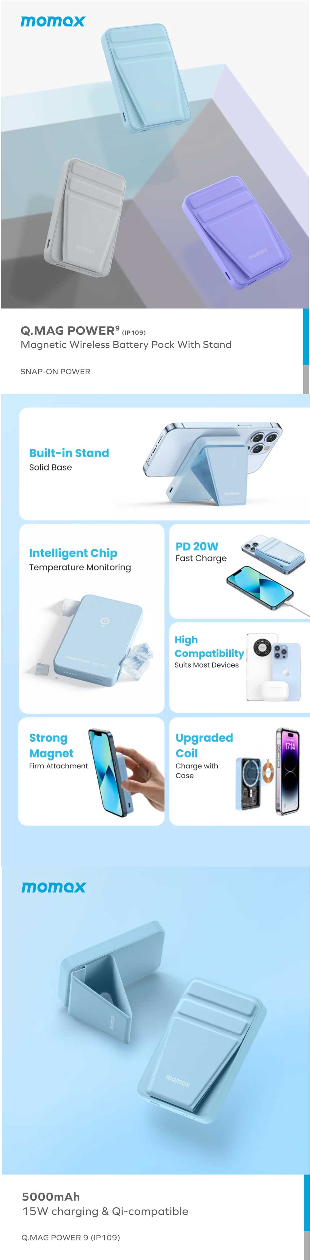 Momax Q.Mag Power 9 PD 20W 5000mAh Magnetic Wireless Charging Power Bank with Stand IP109 5