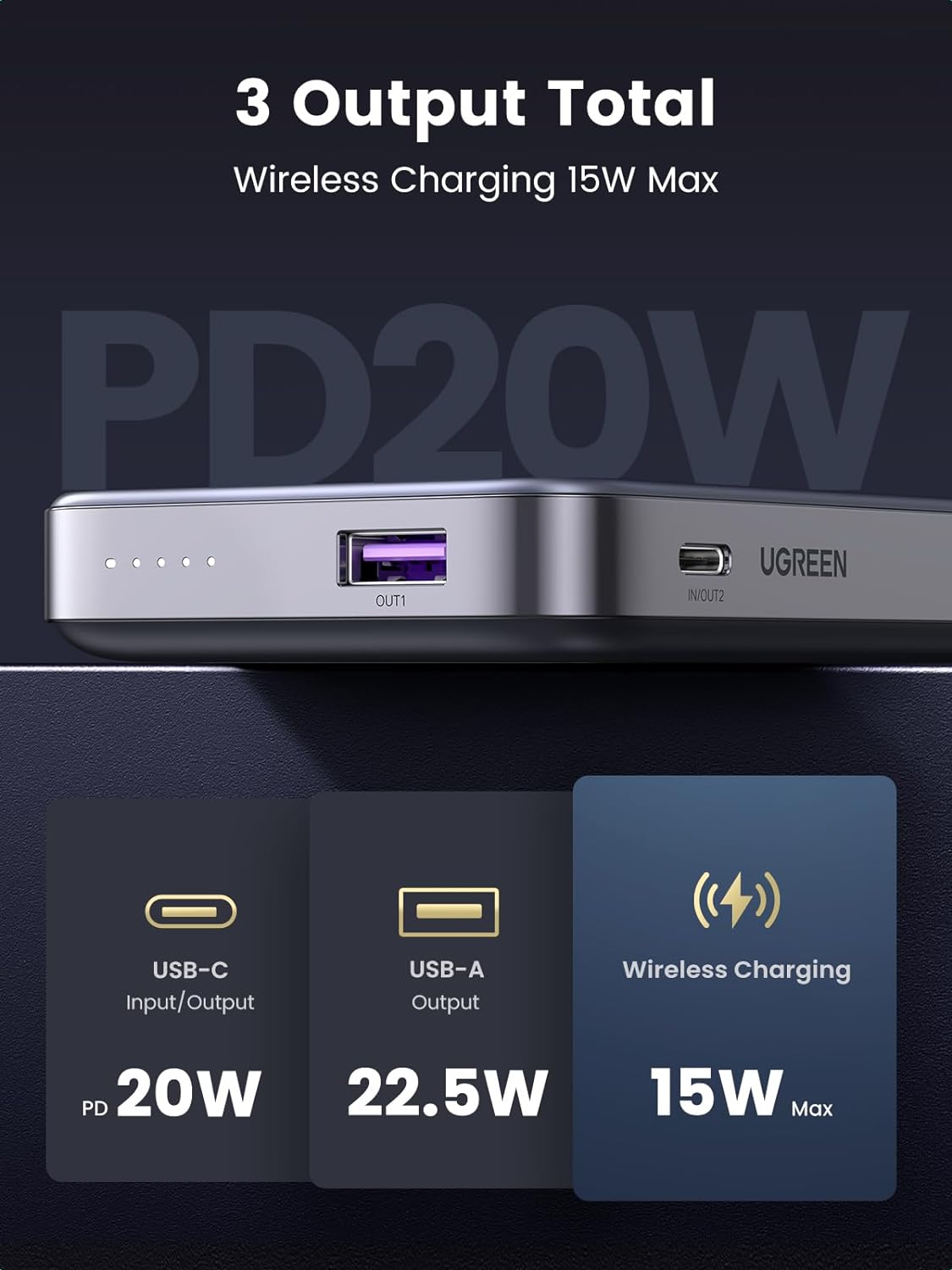 UGREEN PB206 22.5W 10000mAh Foldable Kickstand Magnetic Wireless Power Bank 14