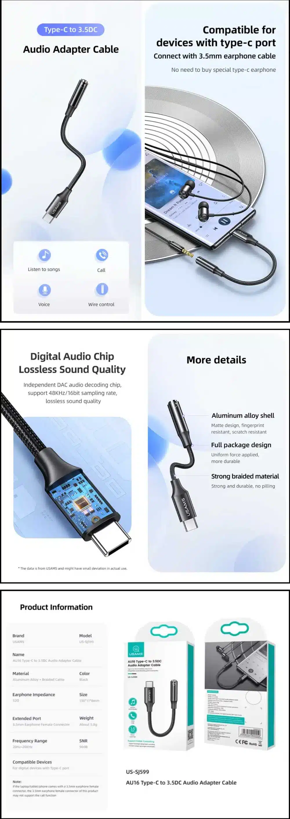 Usams US-SJ599 AU16 Type-C To 3.5DC Audio Dongle