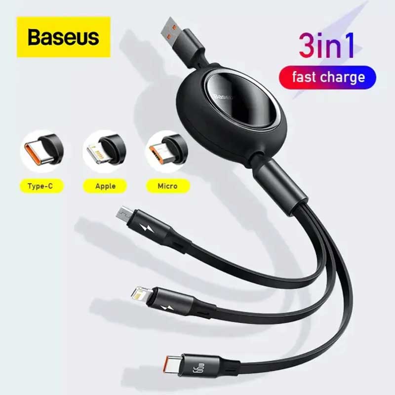 Baseus Miror Series II 66W Retractable 3-In-1 Fast Charging Data Cable USB To M+L+C