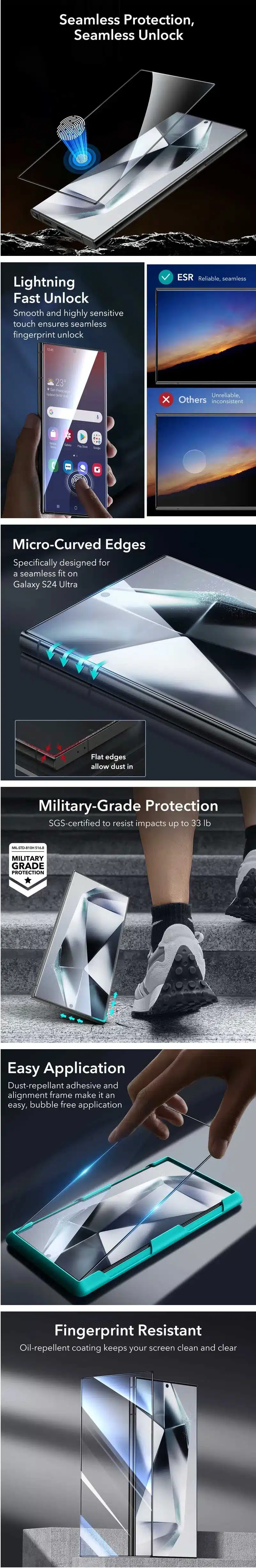 ESR Galaxy S24 Ultra Screen Protector Full Cover Tempered Glass with Installation Frame