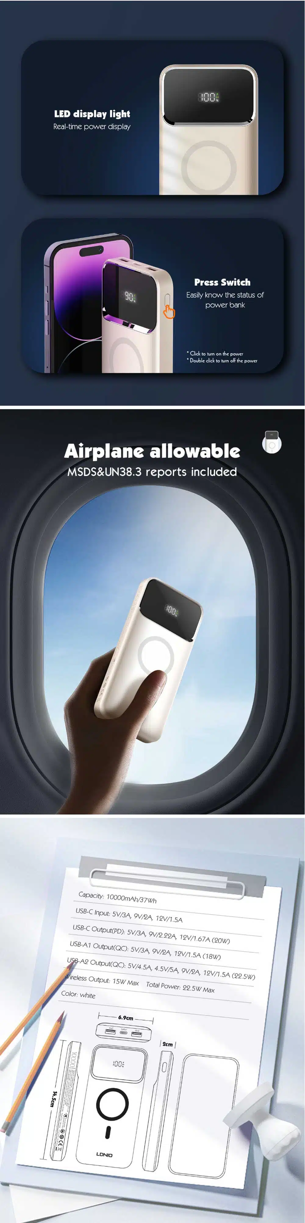 LDNIO PQ12 10,000mAh 22.5W Magnetic Wireless Power Bank