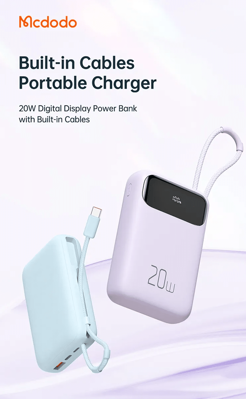 Mcdodo MC-324 22.5W 10000mAh Power Bank With Built-In USB-C Cable