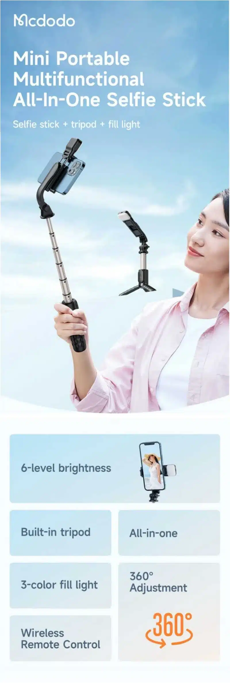 Mcdodo SS-178 Multifunctional 3 IN 1 Single Fill Lights Selfie Stick Tripod