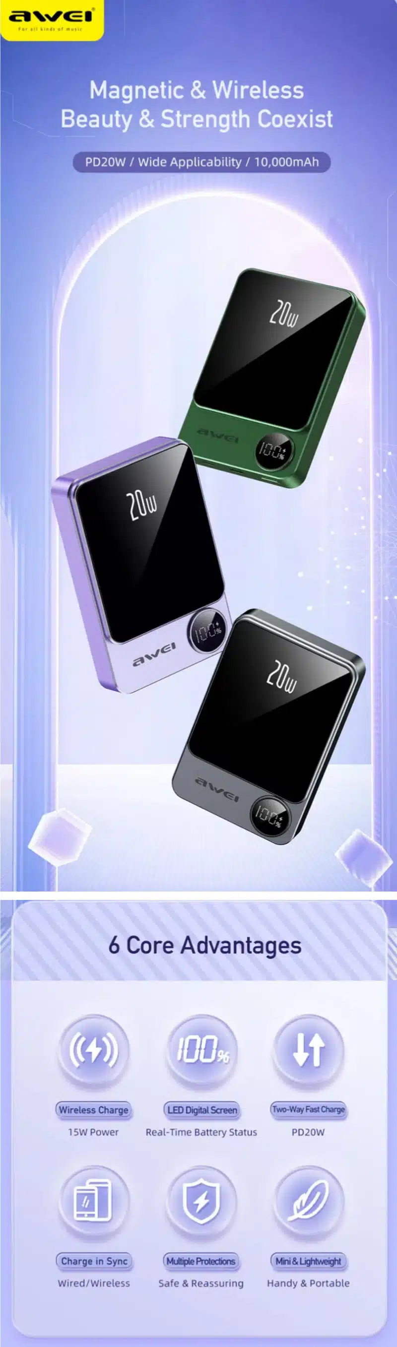 Awei P39K 10000mah 20W PD Wireless Magnetic PowerBank