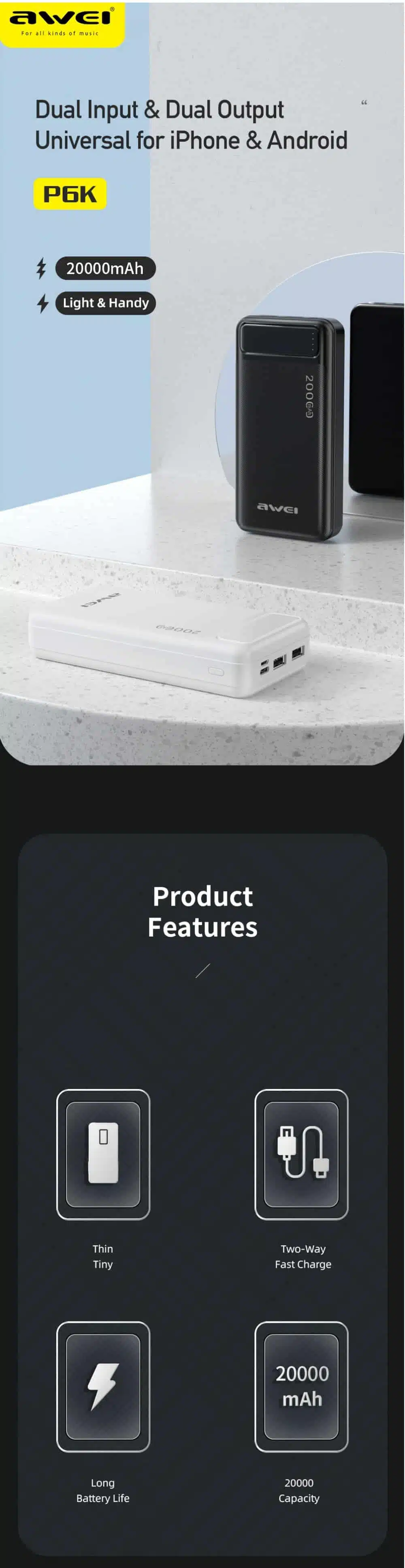 Awei P6K 18W 20000mAh Double USB Output Powerbank