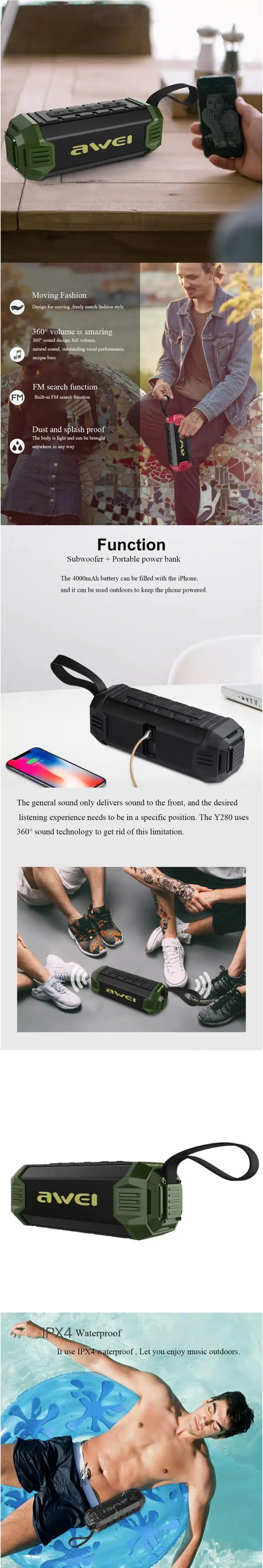 Awei Y280 Outdoor Portable Waterproof Bluetooth Speaker