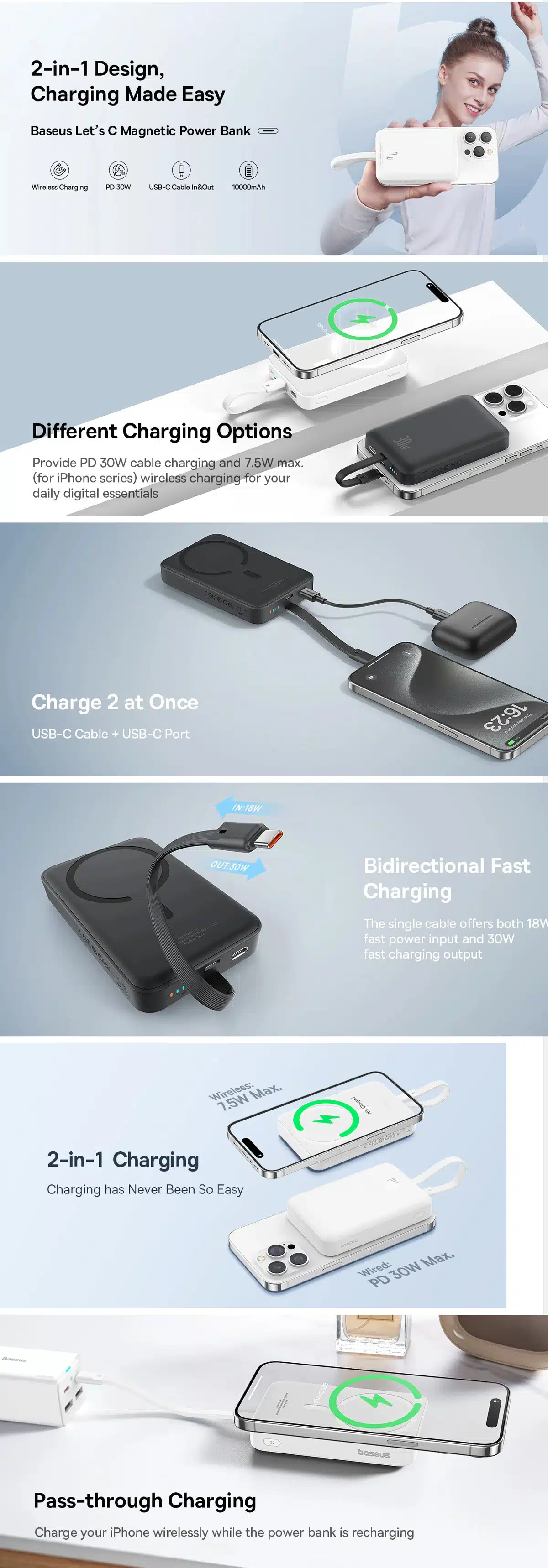 Baseus 30W 10000mAh Magnetic Mini Wireless Power Bank With Built-In Type-C Cable