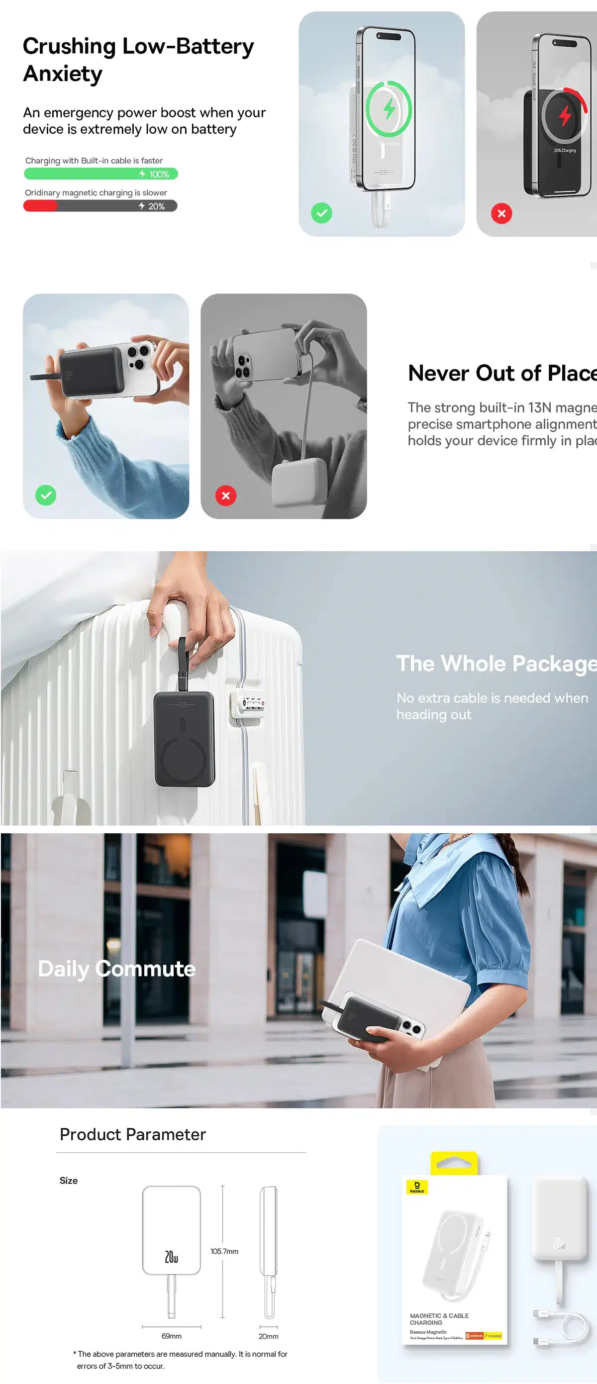 Baseus 30W 10000mAh Magnetic Mini Wireless Power Bank With Built-In Type-C Cable