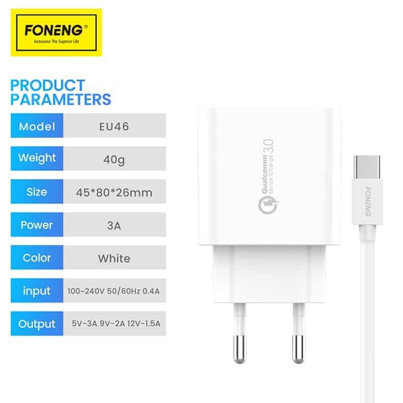 FONENG EU46 18W Fast Charger with Type C Cable 3