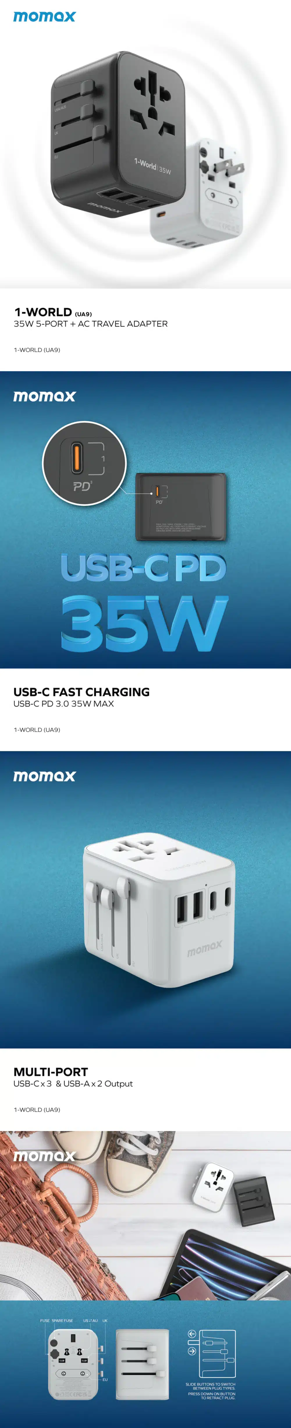 Momax UA9 1-World PD35W 5 ports + AC Travel Adapter