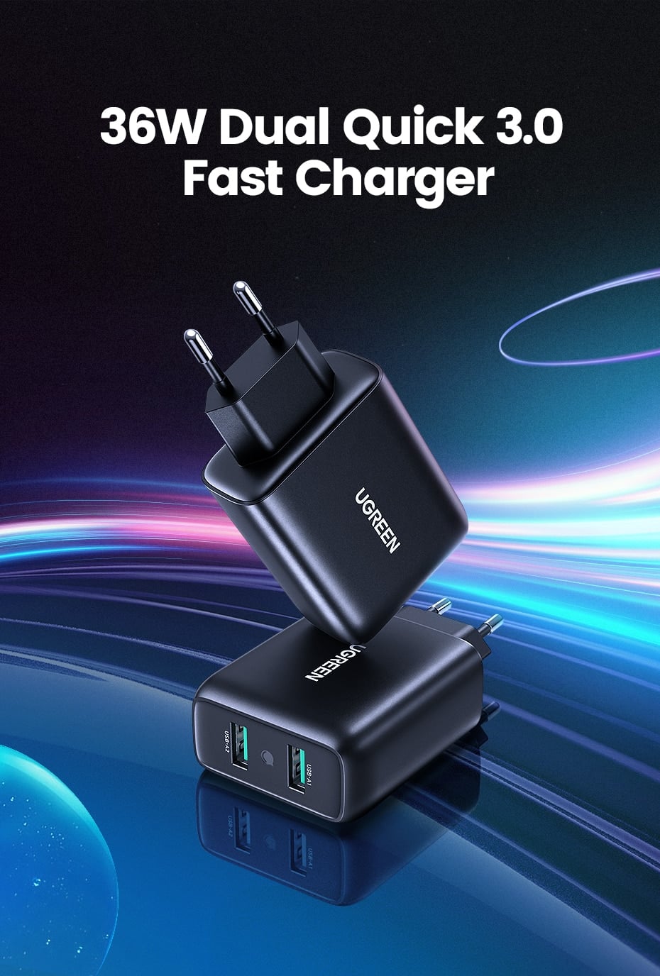 UGREEN CD161 36W Dual Port USB Fast Charger EU (10216)