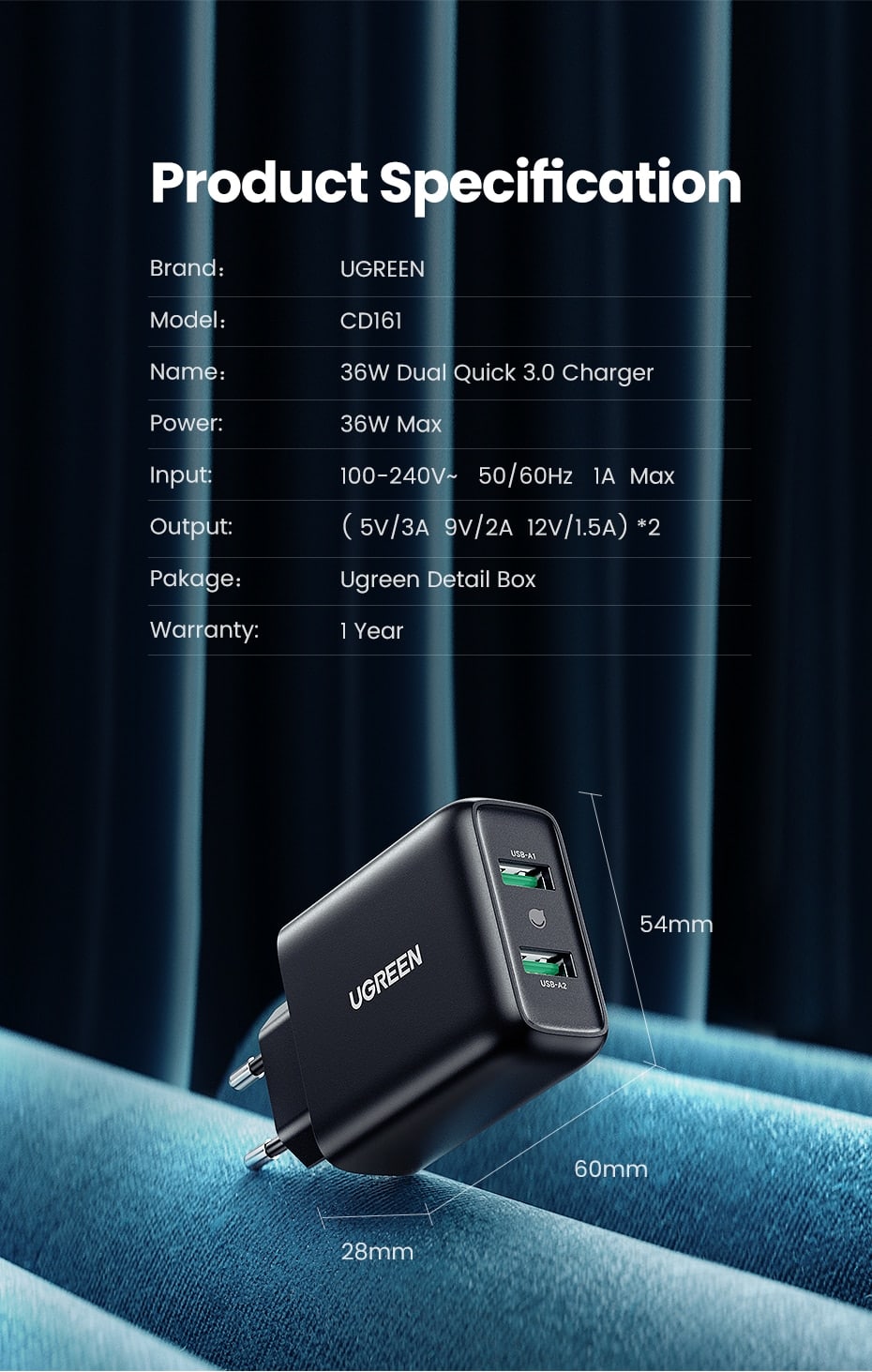 UGREEN CD161 36W Dual Port USB Fast Charger EU 10216 9