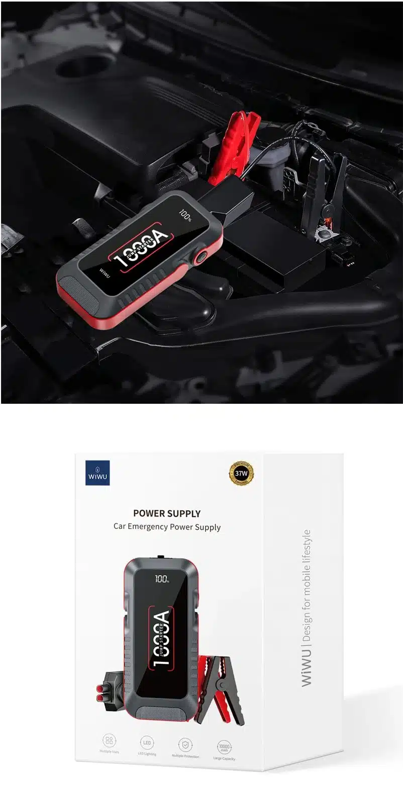 WiWU 1000A Car Power Inverter 12V Multi Function USB Jump Starter JS001