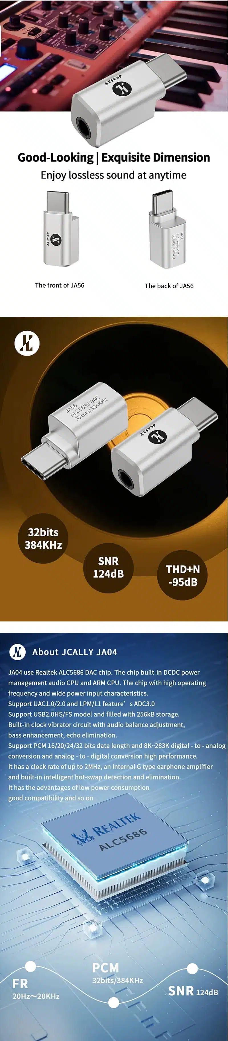 Jcally JA56 ALC5686 Type-c to 3.5mm HIFI DAC Dongle