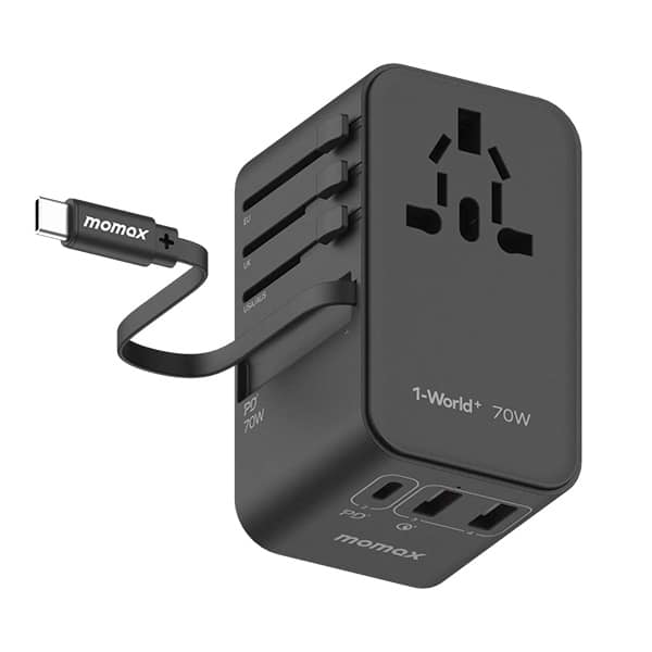 Momax UA18D 1-World+ 70W GaN 3-Ports Travel Charger with Built-in USB-C Cable