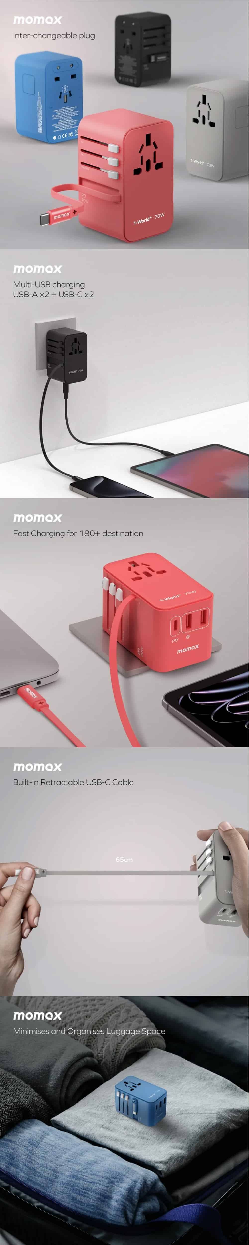 Momax UA18D 1 World 70W GaN 3Ports Travel Charger with Built in USB C Cable 65cm 5