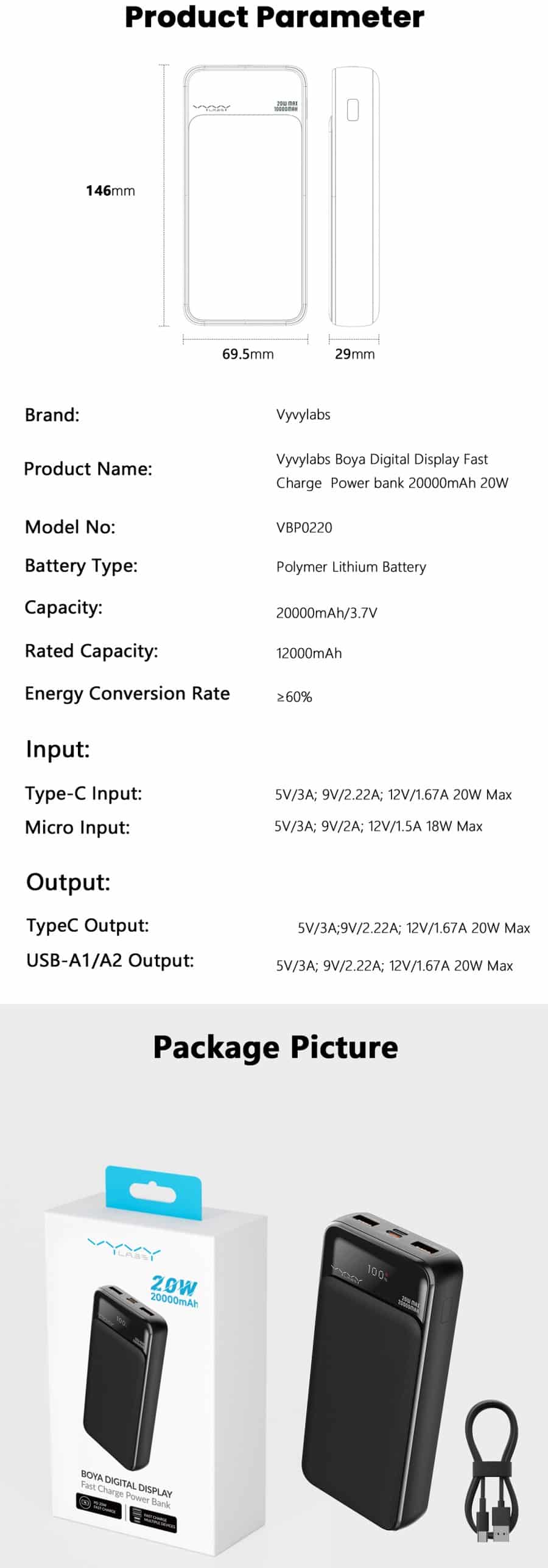 Vyvylabs VBP0220-02 Boya Digital Display Fast Charge 20000mAh 20W Power Bank