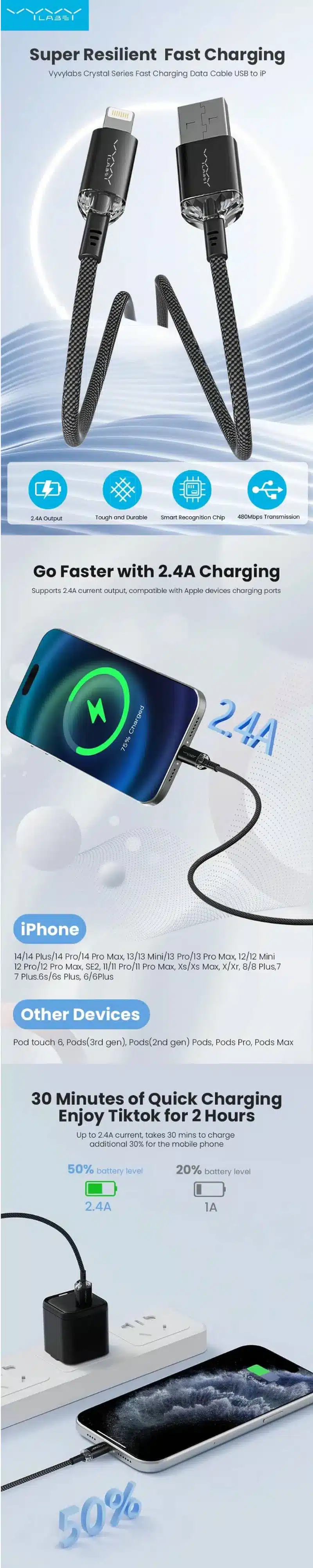 Vyvylabs VCSUL Crystal Series 2.4A USB to Lightning Fast Charging Data Cable 1 Meter