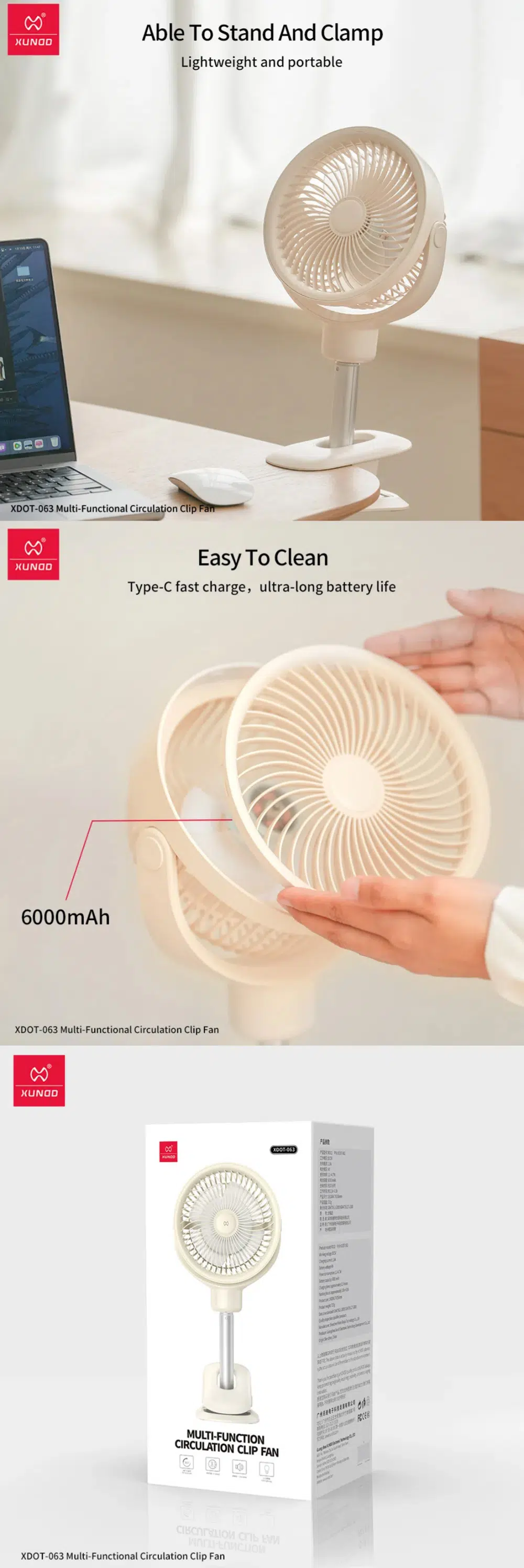 XUNDD XDOT-063 Desktop Clamp Circulating Fan 6000mAh