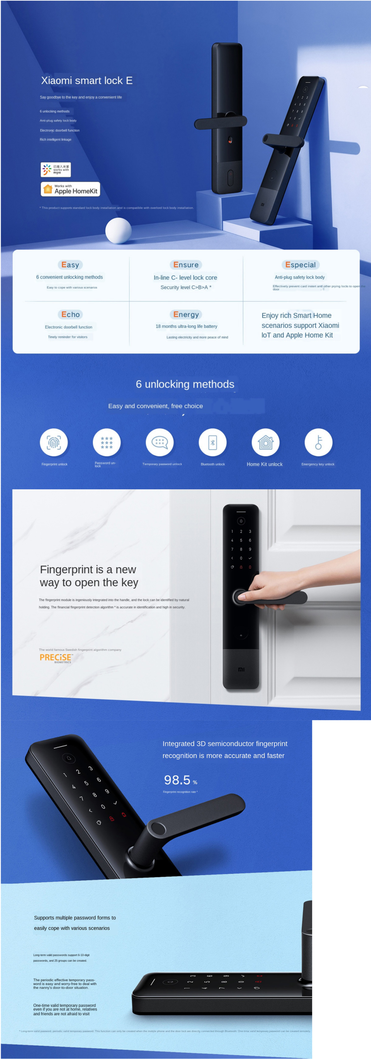 Xiaomi Mi Smart Door Lock E Fingerprint Password Alarm Work Mi Home App Control with Doorbell