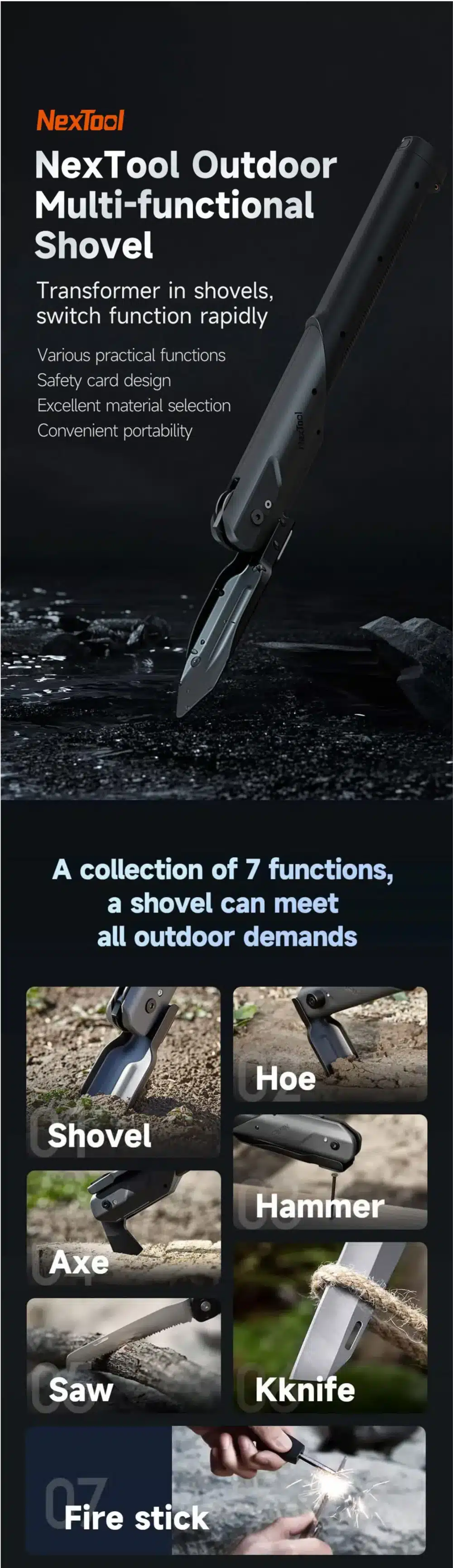 Xiaomi NexTool (NE20057) Multi-functional Shovel Camping Folding Shovel Hoe Axe Hammer