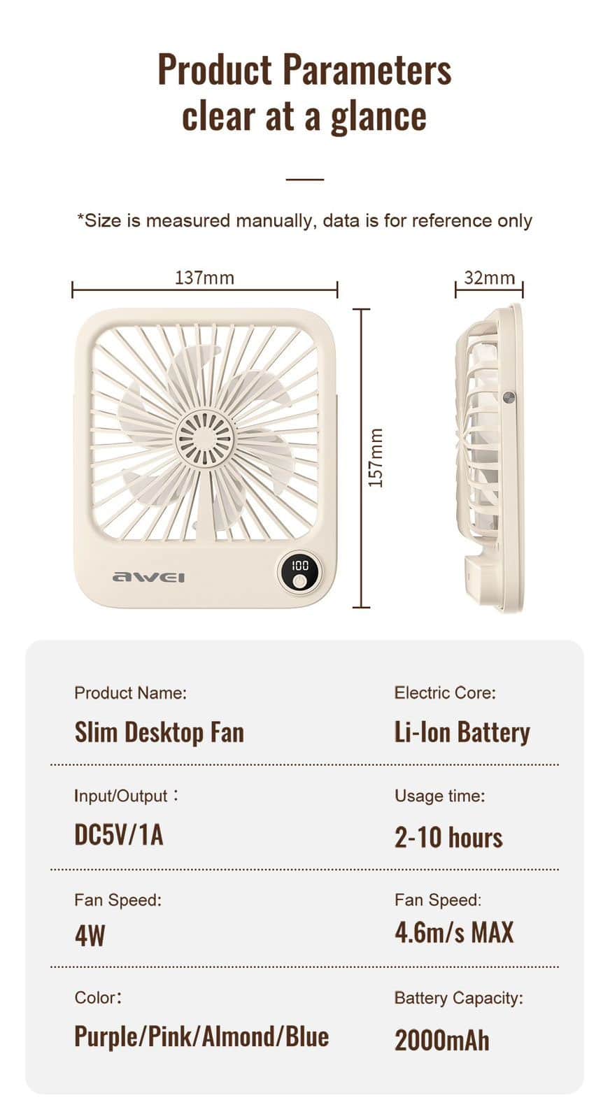 Awei F33 Desktop Ultra Slim Fan 1800mAh 5