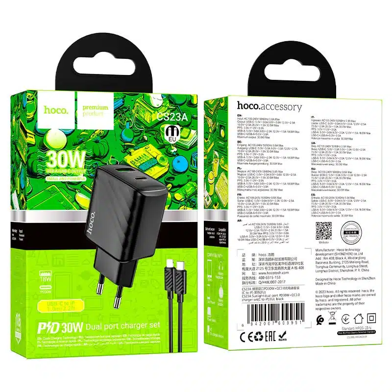 Hoco CS23A Sunlight (Type-C to iP) Dual-Port PD30W+QC3.0 Charger (EU)