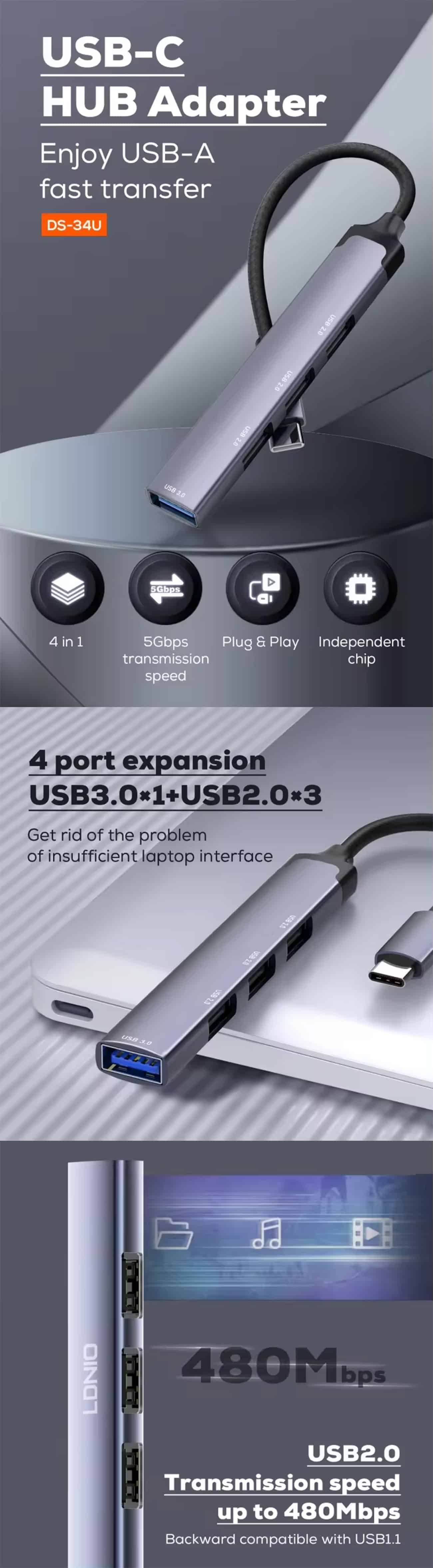 LDNIO DS 34U 4 in 1 USB C USB HUB 2