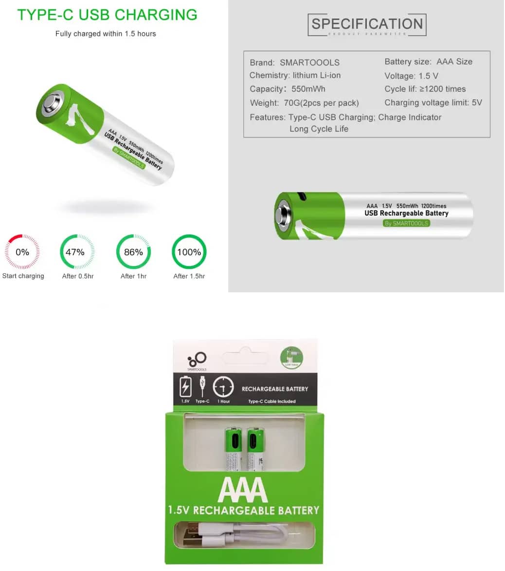 Smartoools Type-C Rechargeable Batteries AAA 2 Pcs