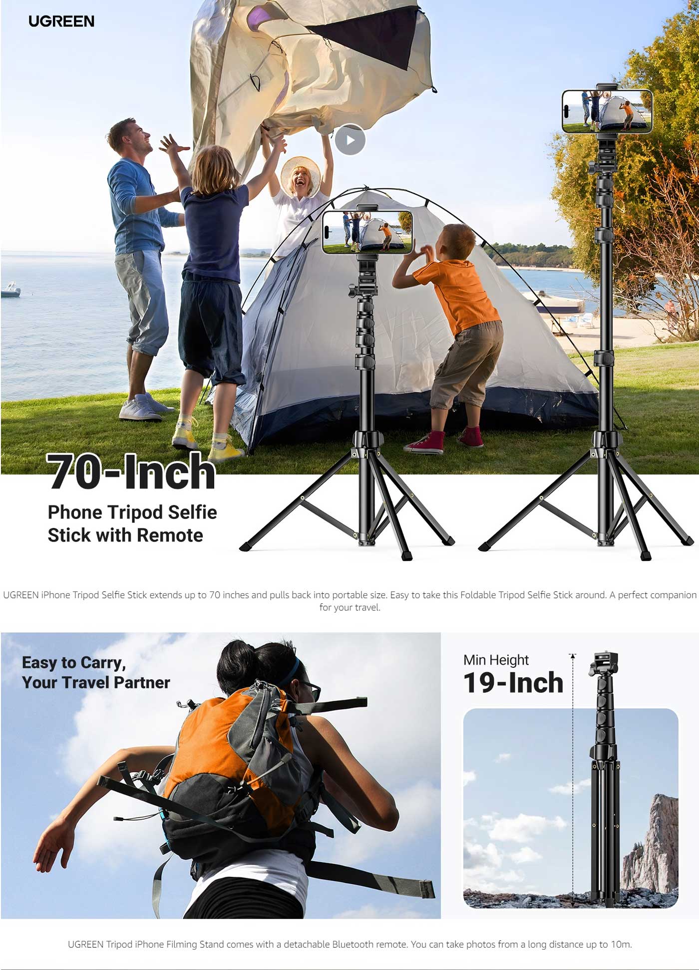 UGREEN 15609 Selfie Stick Tripod with Bluetooth Remote 10