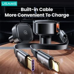 USAMS US-CC219 30W Fast Car Charger with 2 IN 1 Built-in Stretchable Fast Charging Cable