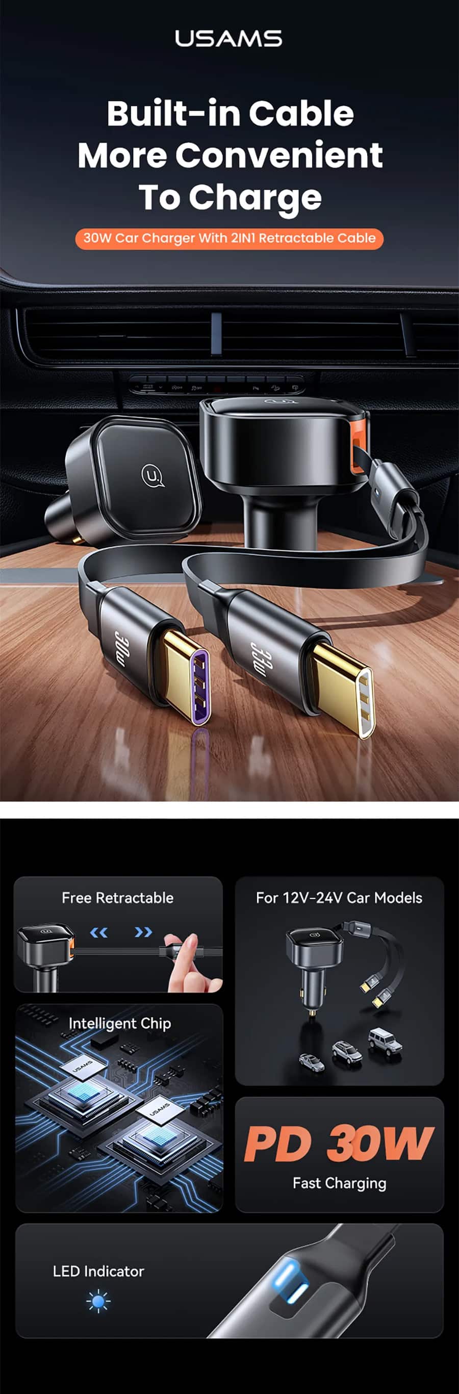 USAMS US CC219 30W Fast Car Charger with 2 IN 1 Built in Stretchable Fast Charging Cable 5