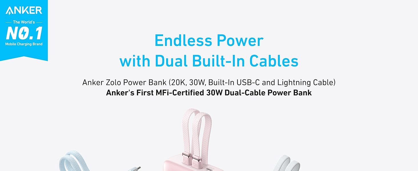 Anker Zolo 20K 30W Power Bank Built In USB C and MFI Lightning Cable 1