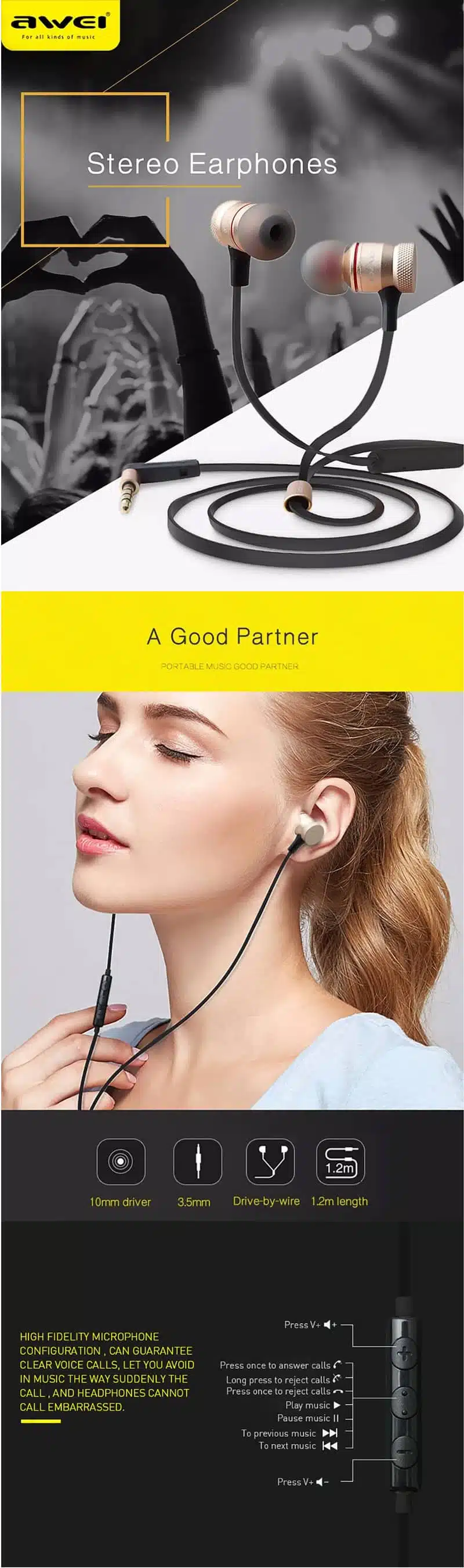Specifications: Cable length: 1.2m Jack Type:3.5mm Driver unit:9mm Impedance:16Ω±15％ Sensitivity:90dB±3dB Frequency response range:20-20000HZ Track system:Stereo