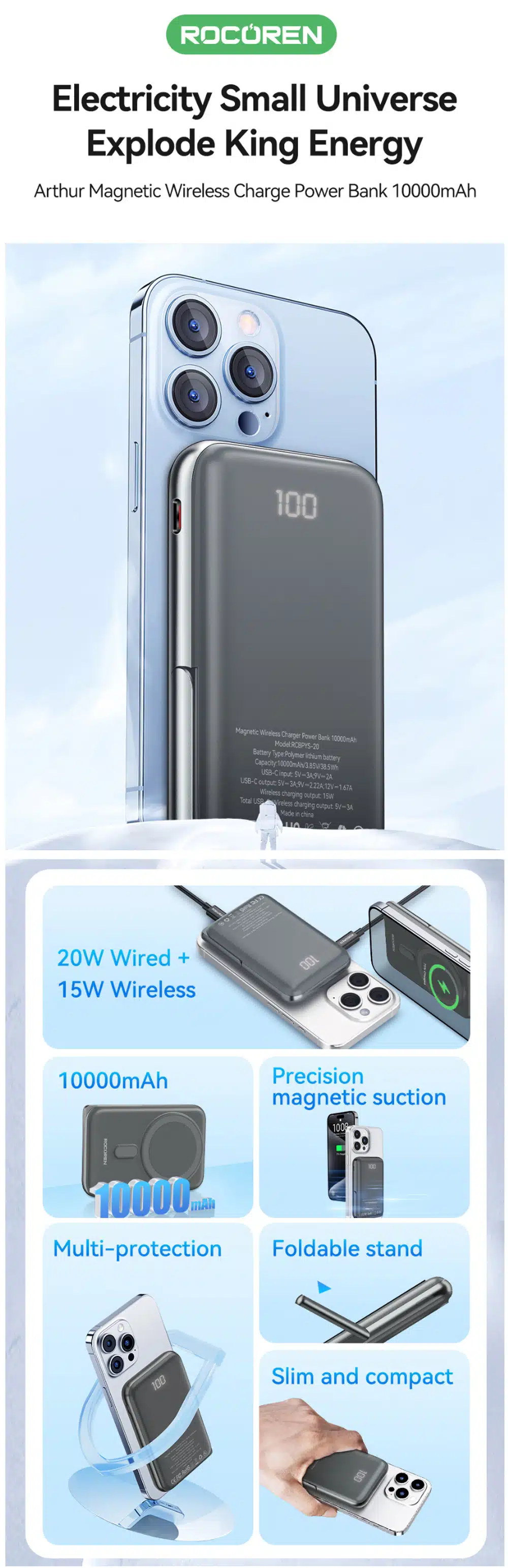 Rocoren Yase 10000mAh Magnetic Wireless Power Bank