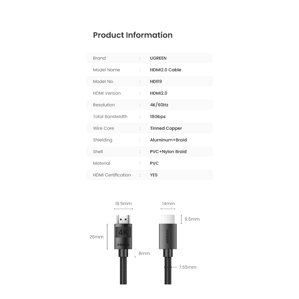 UGREEN HD119 4K HDMI Cable Male to Male Braided 3M 10