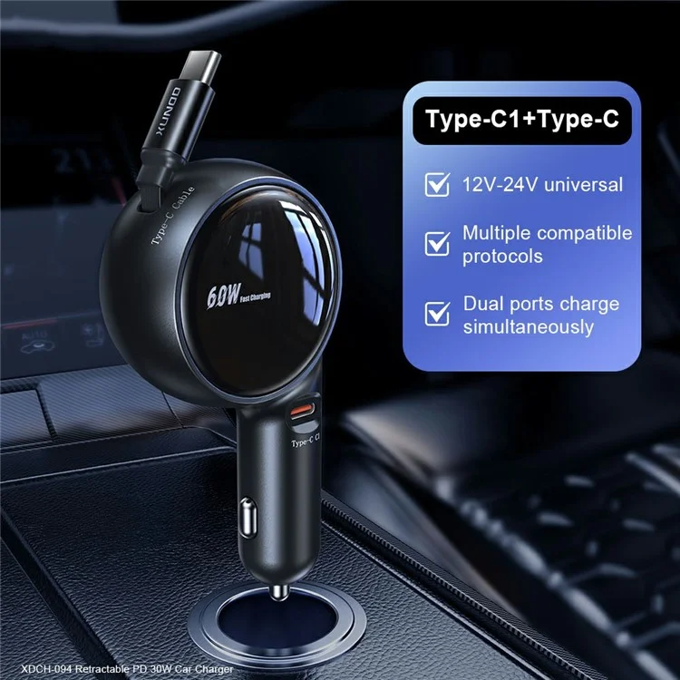 XUNDD XDCH 094 30W PD Fast Car Charger with Retractable Cable 2