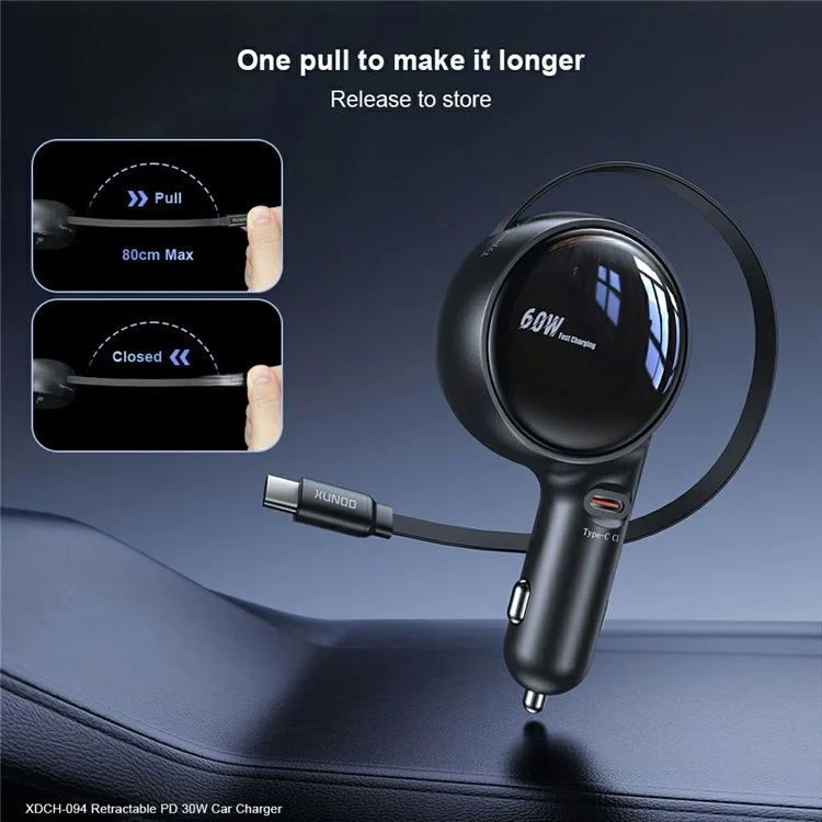 XUNDD XDCH 094 30W PD Fast Car Charger with Retractable Cable 3