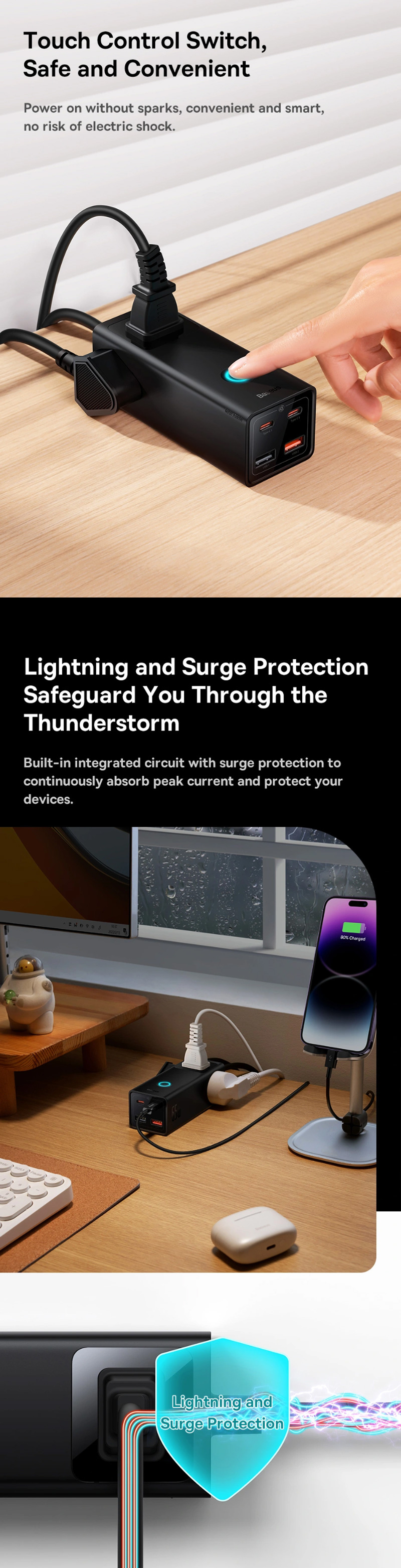 Baseus 65W PowerCombo Digital PowerStrip 3AC+2U+2C with 1.5m Power Cord
