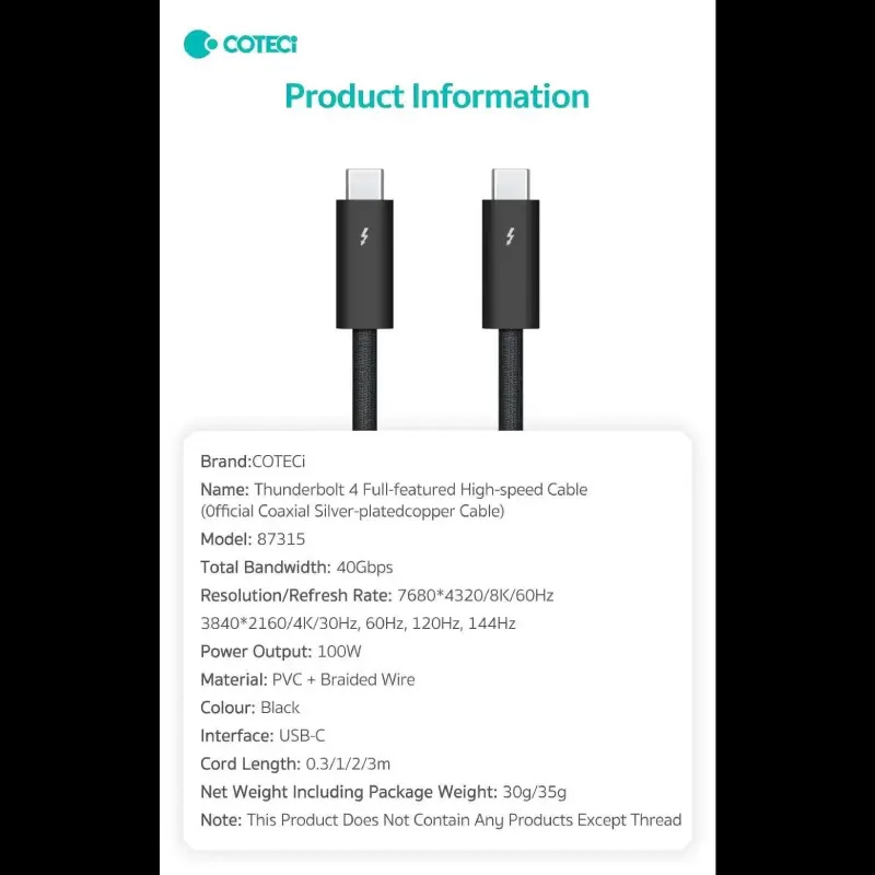 COTECi PD 100W 8K-60Hz Thunderbolt 4 Cable (87315)