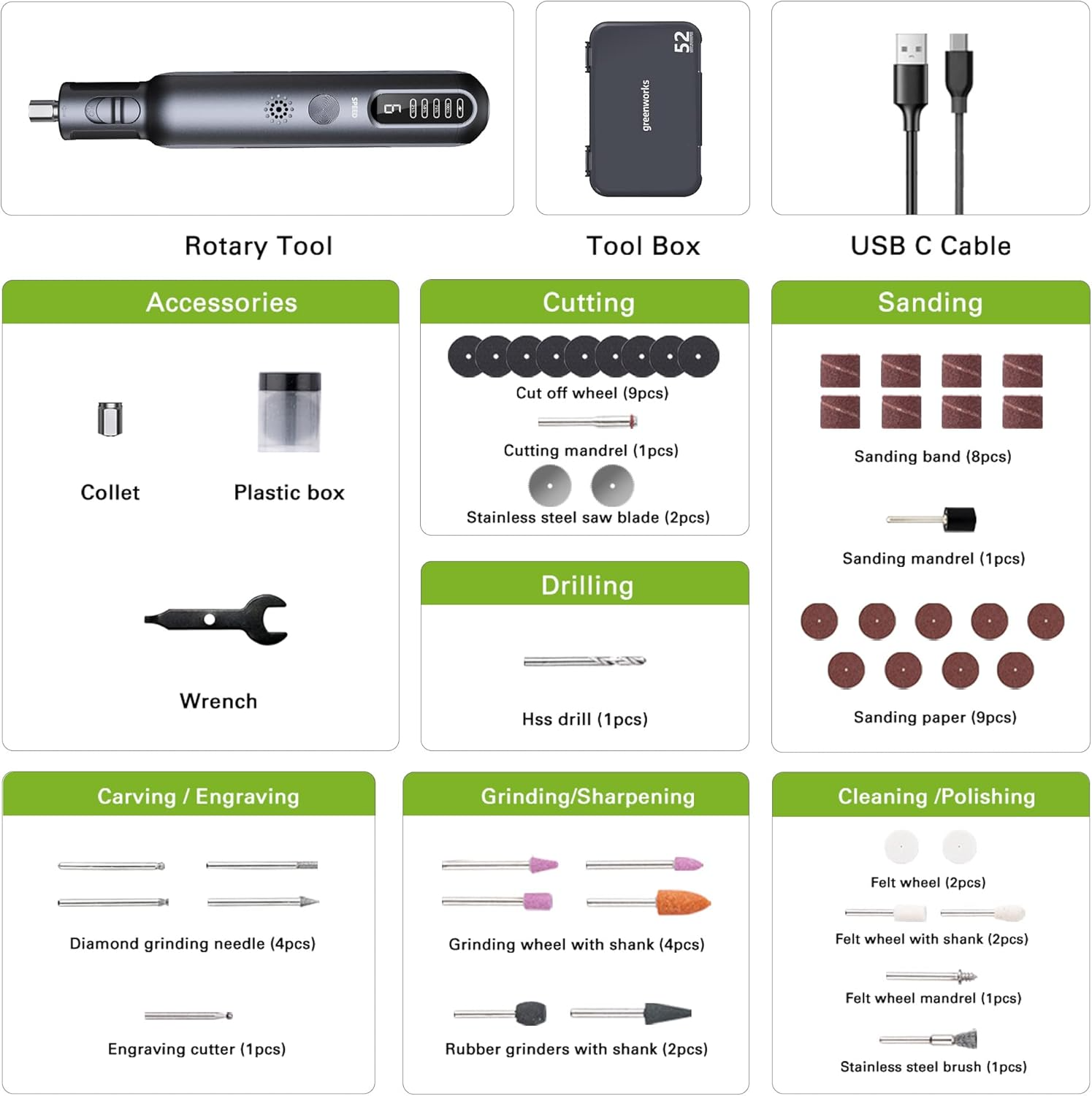 Greenworks 8V Rotary Tool Kit with 52 Accessories 10